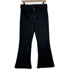 American Eagle Highest Rise Flare Jeans Black Button Fly Denim Stretch 10 XShort